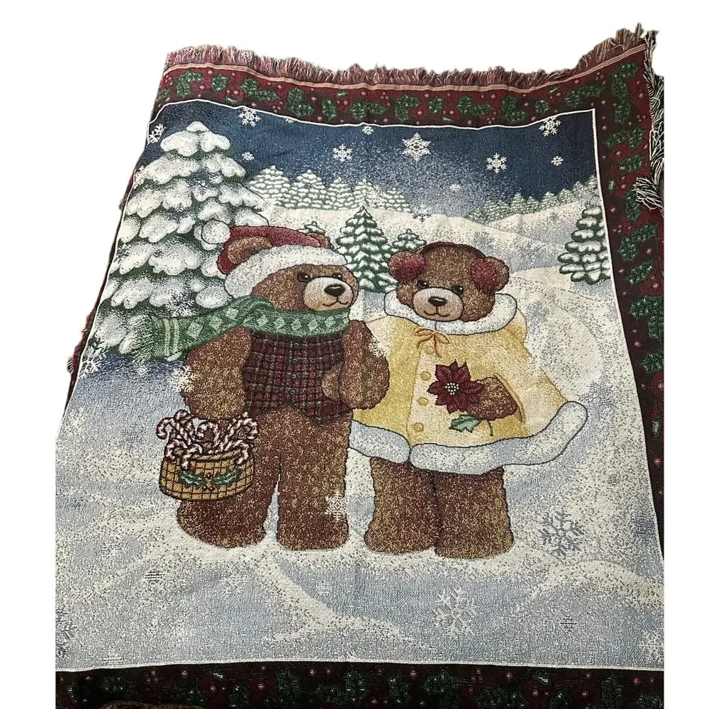 Christmas Teddy Bears Blanket Throw Fringe 58x26”‎